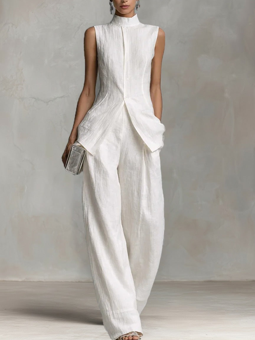 Women's Suit with Stand Collar and Wide Legs – Sleeveless Top & Marlene Pants