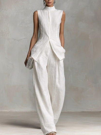 Women's Suit with Stand Collar and Wide Legs – Sleeveless Top & Marlene Pants