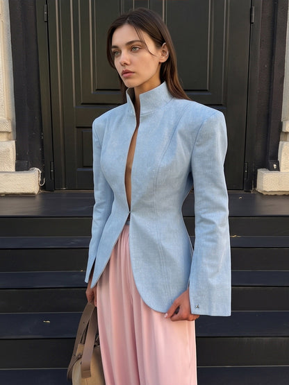 Women's tailored stand-collar blazer with concealed hook fastener and curved hem EVA-US