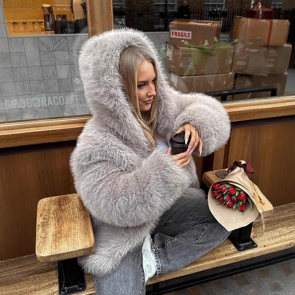 Women's Cozy Short Faux Fur Jacket with Extra Voluminous Hood EVA-US