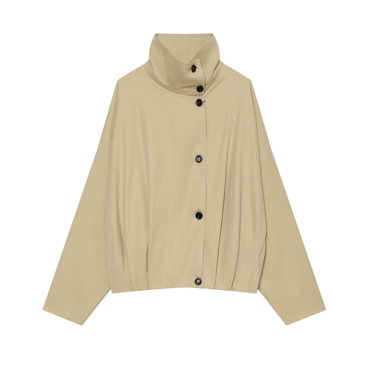Women Short Cape Jacket with High Funnel Collar, Boxy Silhouette and Dropped Shoulders EVA-US