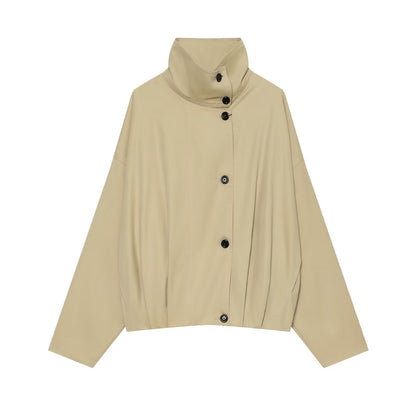 Women Short Cape Jacket with High Funnel Collar, Boxy Silhouette and Dropped Shoulders EVA-US