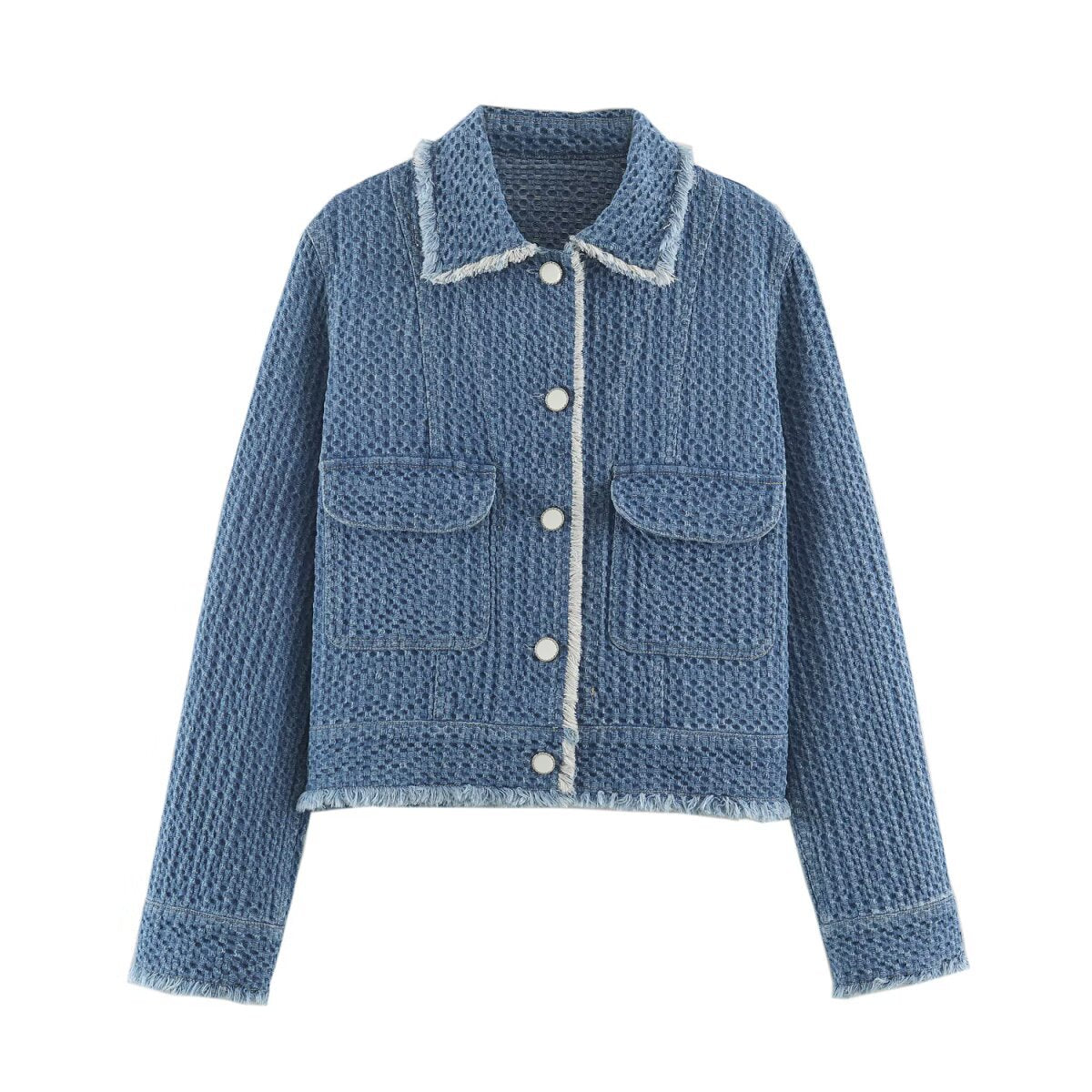 Women's short jacket made of textured denim with fringe trim and flap pockets EVA-US