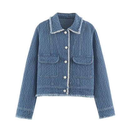Women's short jacket made of textured denim with fringe trim and flap pockets EVA-US