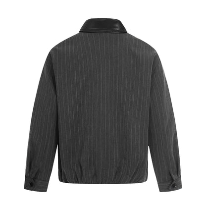 Men's Short Boxy Blouson Jacket in Linen Look with Leather Collar EVA-US