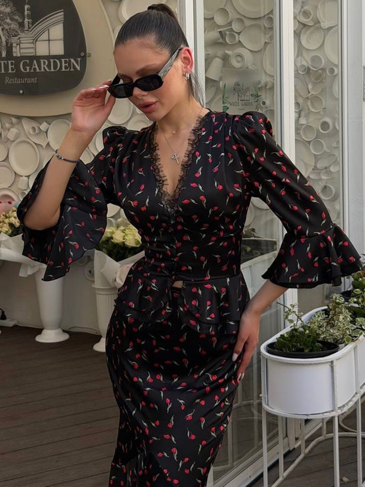 Women's Two-Piece Satin Set with Fitted Peplum Blouse & Mermaid Midi Skirt EVA-US