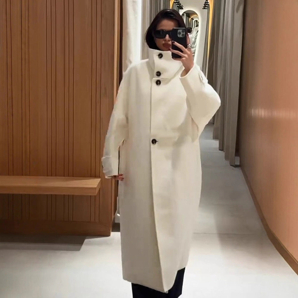 Women's Oversize Wool Blend Coat with Asymmetrical Cut and High Stand Collar EVA-US