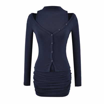 Ladies two-piece knit set with integrated high neck vest and asymmetric button cardigan EVA-US