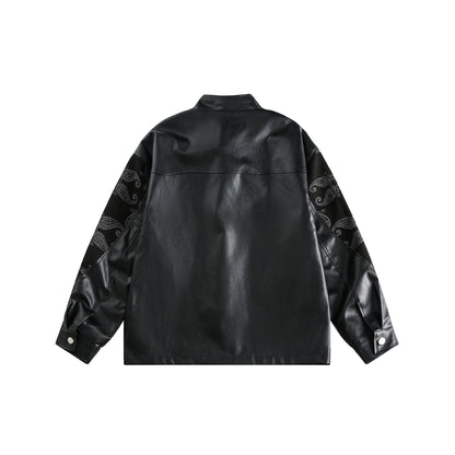 Unisex faux leather bomber jacket with paisley sleeves and toggle closures EVA-US
