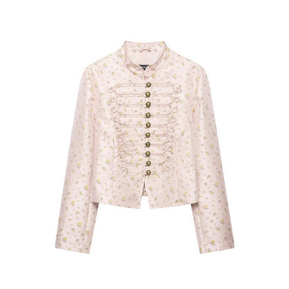 Women Cropped Satin Military Jacket with Stand-Up Collar and Decorative Frog Closure EVA-US