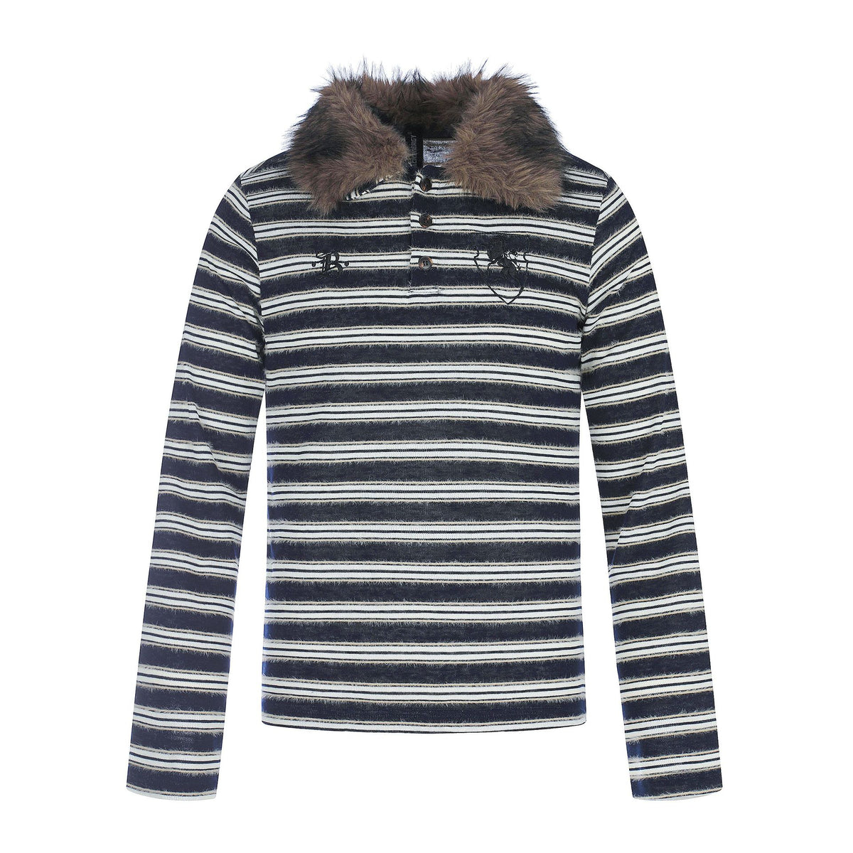 Women's Striped Long Sleeve Polo Shirt with Faux Fur Collar EVA-US