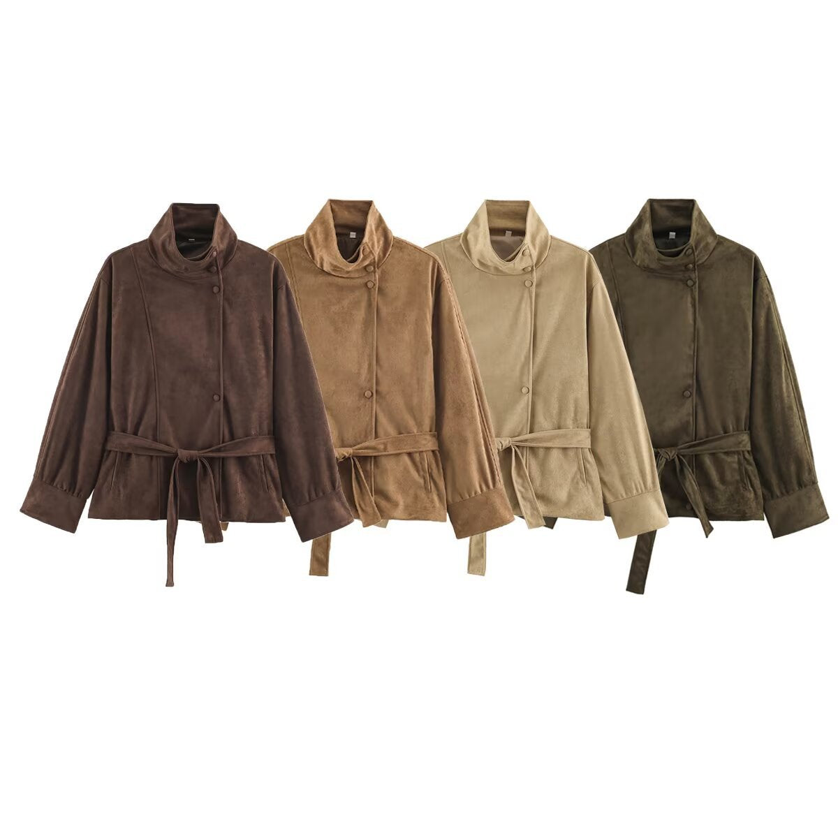 Women's Boxy Wrap Jacket in Velour Look with High Stand-Up Collar and Tie Belt EVA-US
