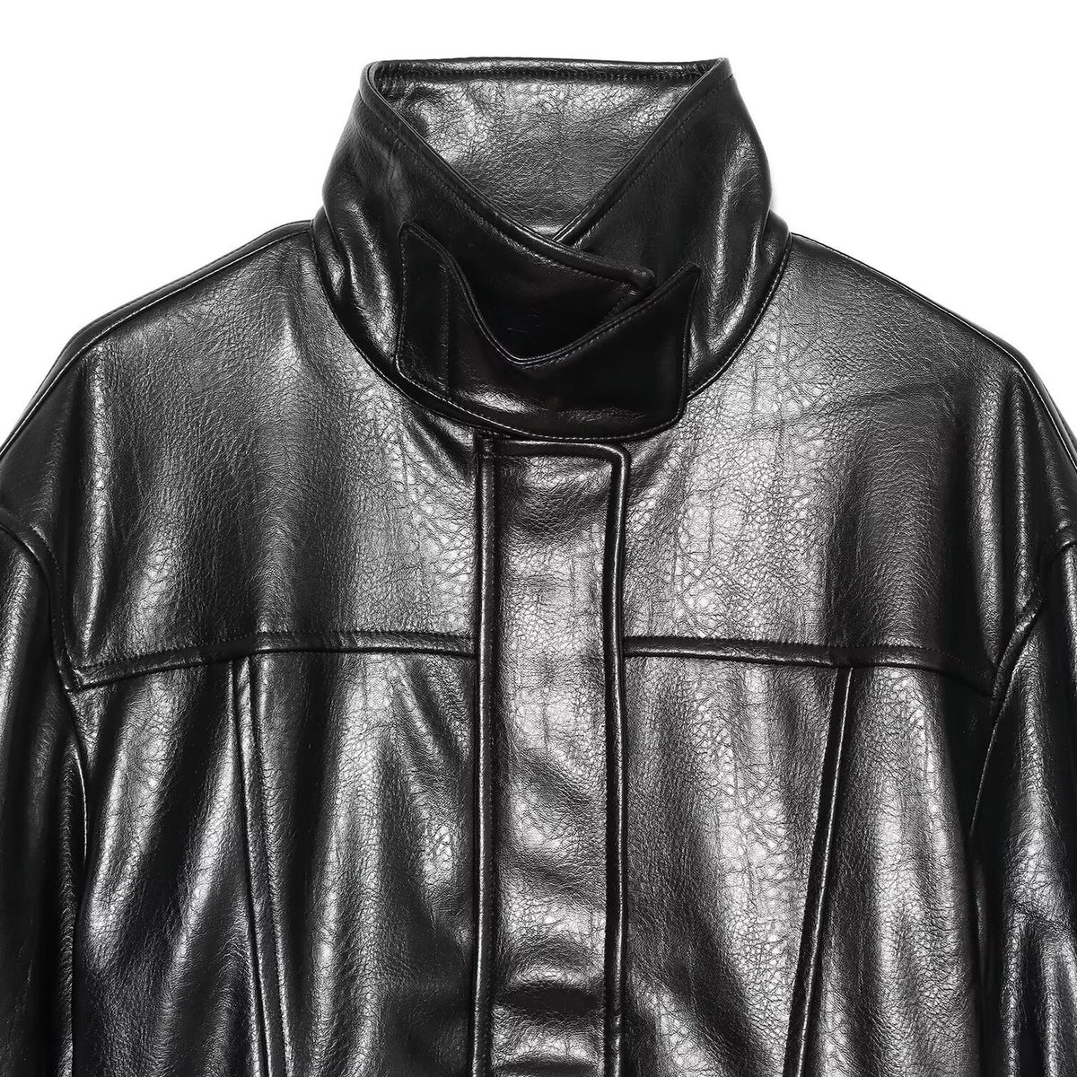 Women's Faux Leather Short Coat with High Stand Collar, Waist Tie Belt and Seams EVA-US
