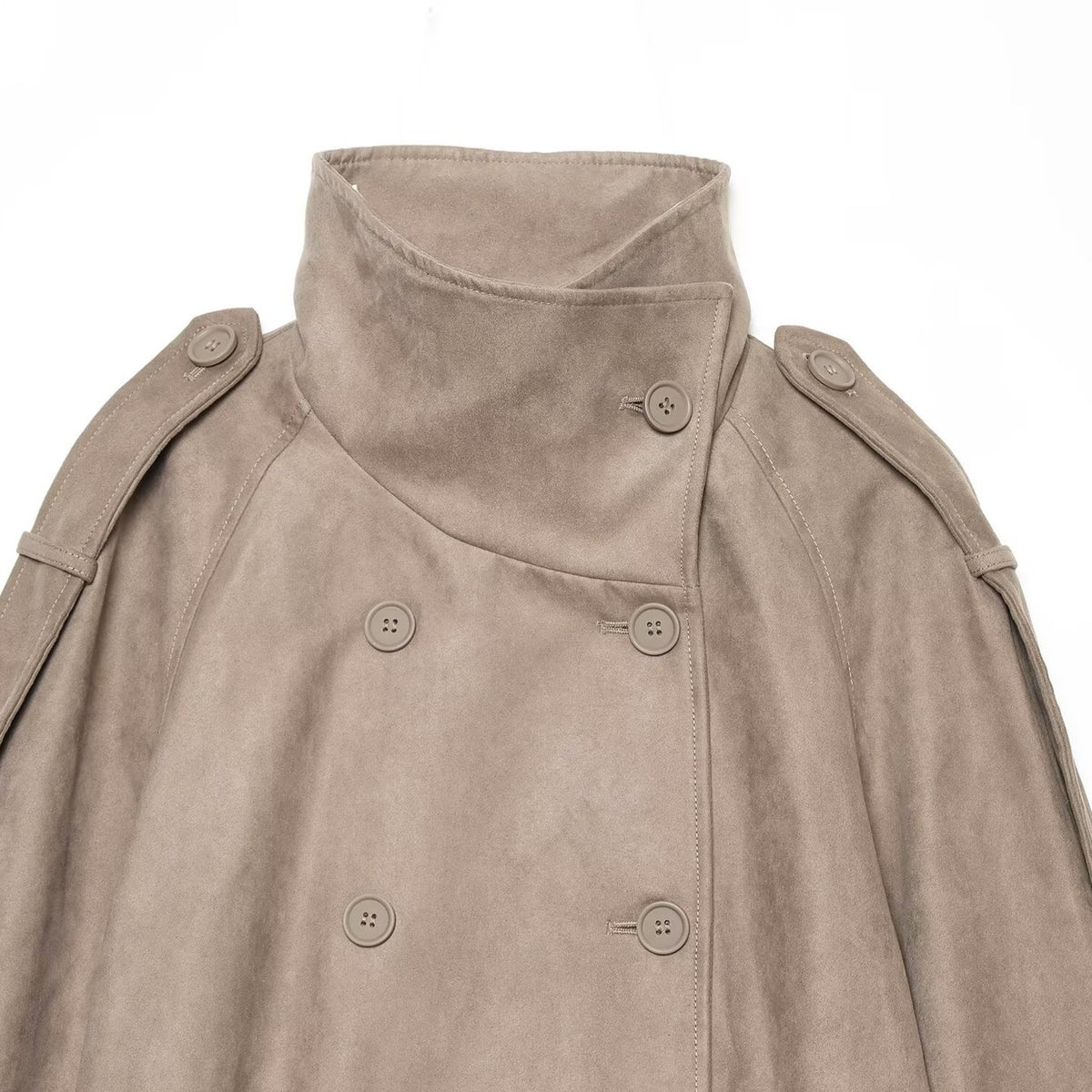 Women's Cropped Cape Trench Coat in Velvet Look with High Standing Collar, Epaulettes, and Double-Breasted Button Placket EVA-US