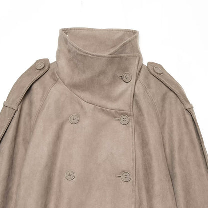 Women's Cropped Cape Trench Coat in Velvet Look with High Standing Collar, Epaulettes, and Double-Breasted Button Placket EVA-US