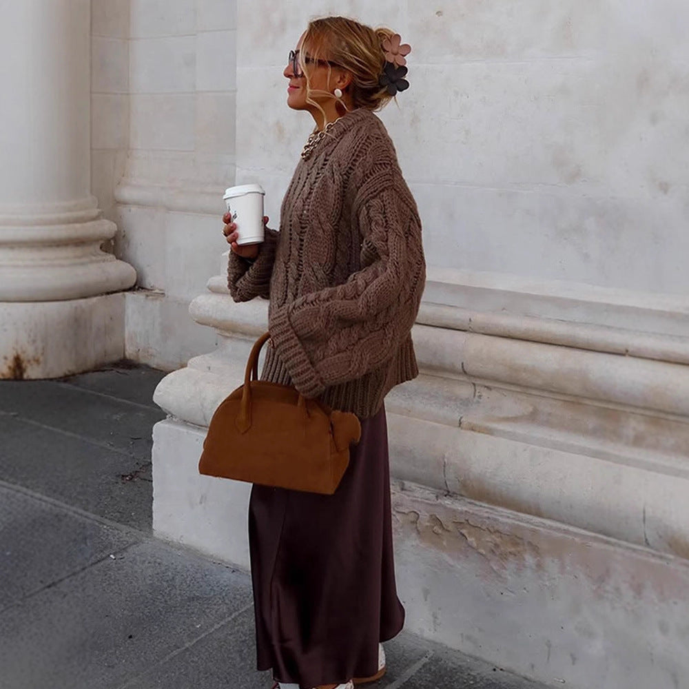 Women's Oversize Chunky Knit Sweater with Cable Knit, High Collar and Extended Sleeves EVA-US