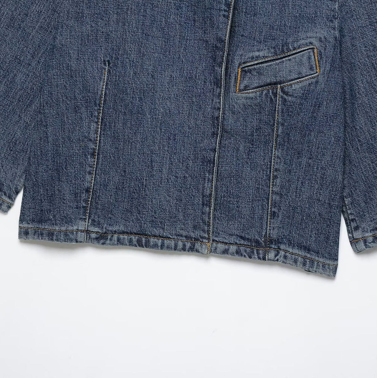 Women's Cropped Denim Jacket in Boxy Cut with Stand Collar and Concealed Button Placket EVA-US