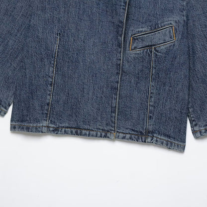 Women's Cropped Denim Jacket in Boxy Cut with Stand Collar and Concealed Button Placket EVA-US