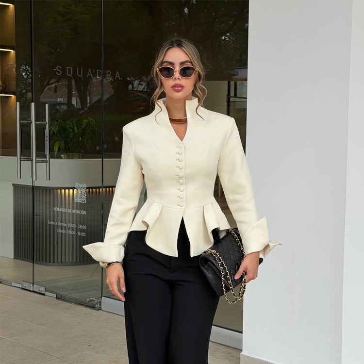Women's Tailored Blazer with Peplum, Stand Collar & Decorative Button Placket EVA-US