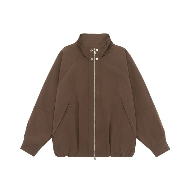 Women Lightweight Raglan Bomber Jacket with Stand Collar and Elastic Hem EVA-US