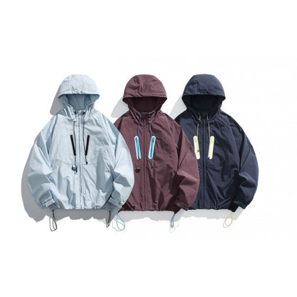 Unisex Technical Hooded Windbreaker in Boxy Cut with Vertical Chest Zippers and Drawstring Hem EVA-US