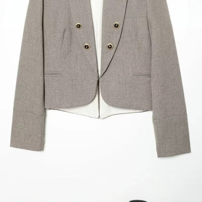 Women Cropped, tailored blazer with stand-up collar, double decorative button placket and asymmetrical hem EVA-US