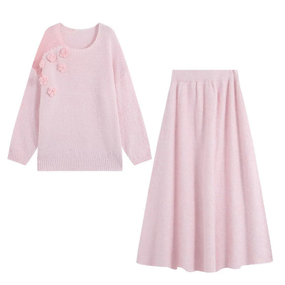Women's knit set with cozy sweater featuring 3D flower appliqué and A-line skirt EVA-US