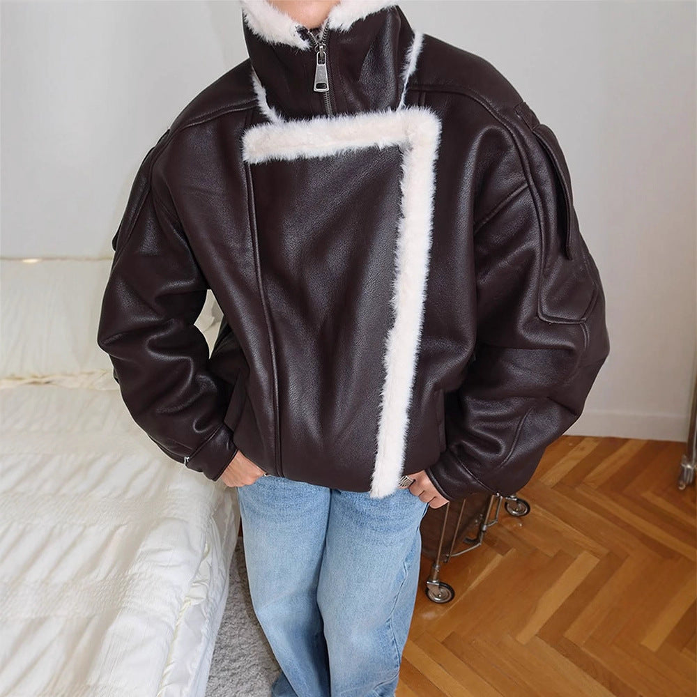 Women's Oversized Pilot Jacket made of Faux Leather with Asymmetrical Faux Fur Trim EVA-US
