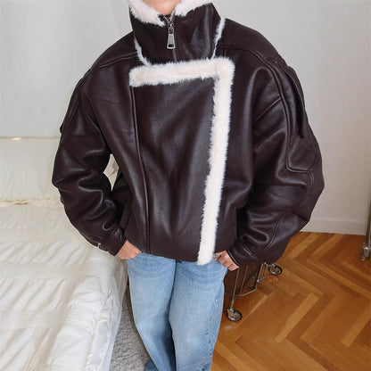 Women's Oversized Pilot Jacket made of Faux Leather with Asymmetrical Faux Fur Trim EVA-US