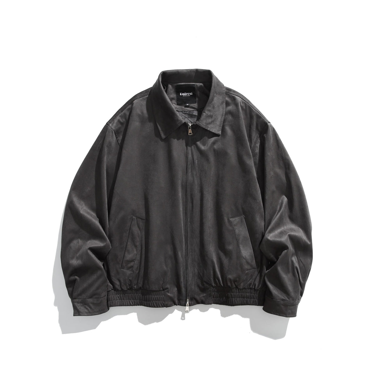 Men's short-cut velour blouson with shirt collar, two-way zipper, and elastic hem