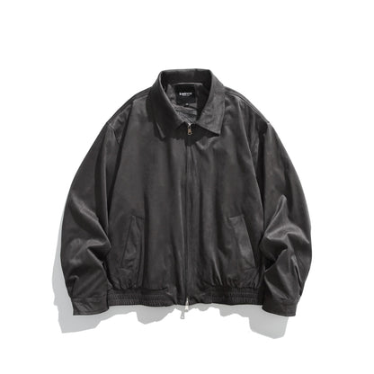Men's short-cut velour blouson with shirt collar, two-way zipper, and elastic hem