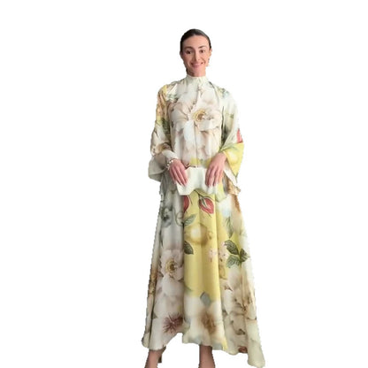 Women Floral Maxi Dress with High Stand Collar and Wide Bell Sleeves EVA-US