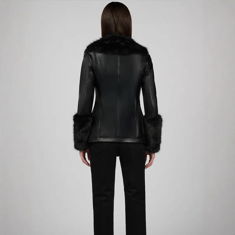 Women Tailored Faux Leather Midi Coat with Wiener Seams, voluminous Faux Fur Shawl Collar & Fur Cuffs EVA-US