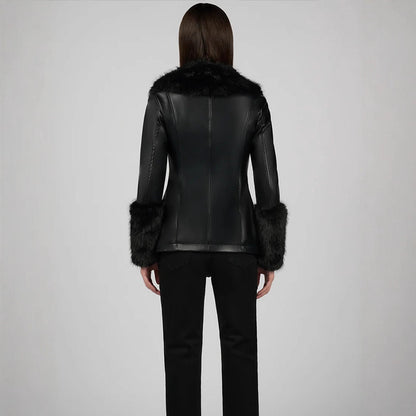 Women Tailored Faux Leather Midi Coat with Wiener Seams, voluminous Faux Fur Shawl Collar & Fur Cuffs EVA-US
