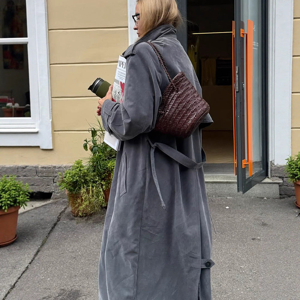 Women's Maxi Long Oversized Trench Coat made of soft velour with shoulder patches and double-breasted button placket EVA-US