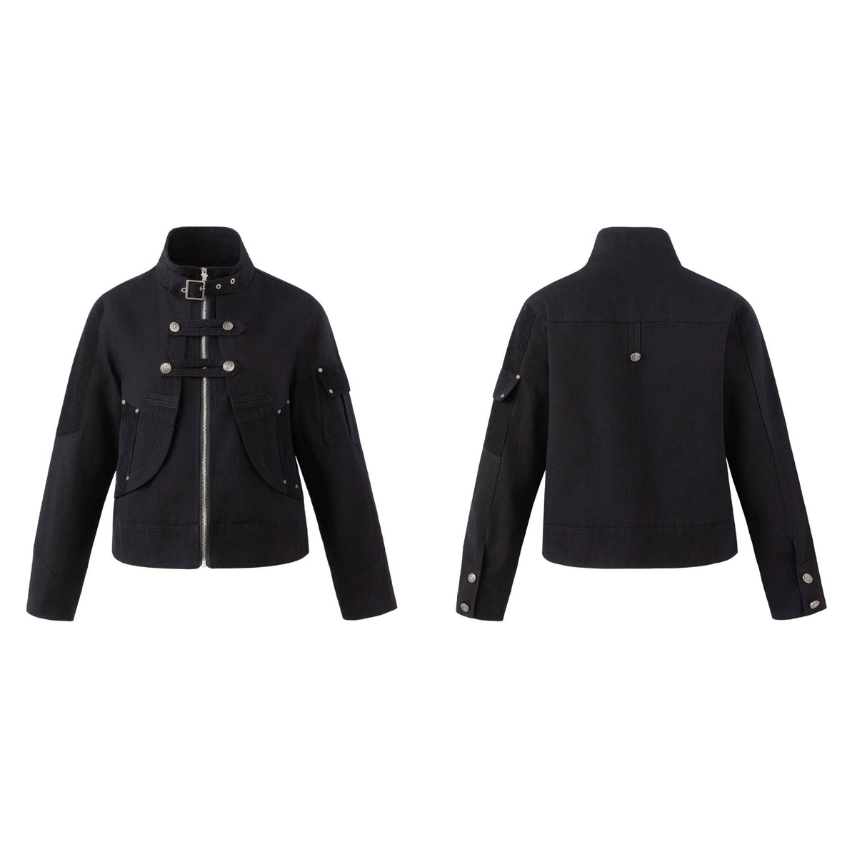 Men's military-inspired short jacket with stand-up collar, belt straps, and decorative flap pockets EVA-US