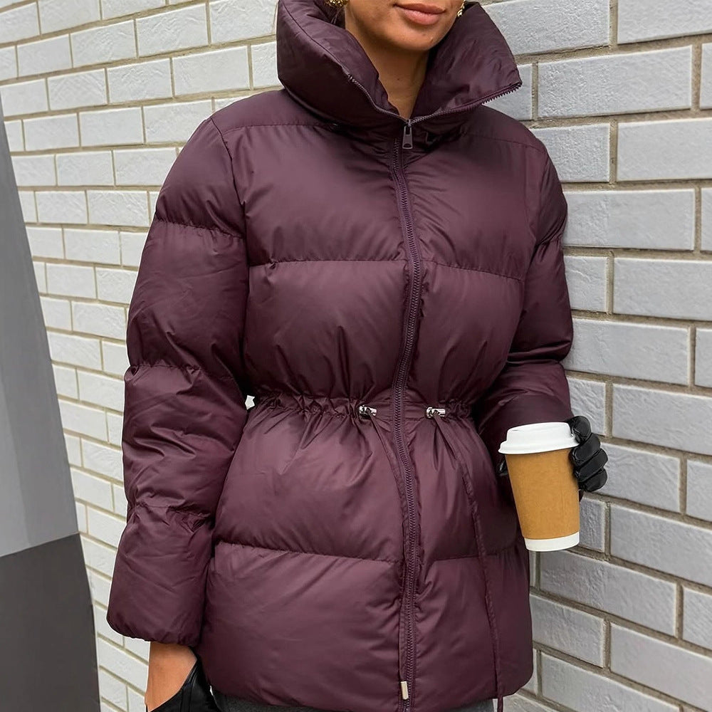 Women's Padded Fitted Quilted Jacket with Drawstring & High Standing Collar EVA-US