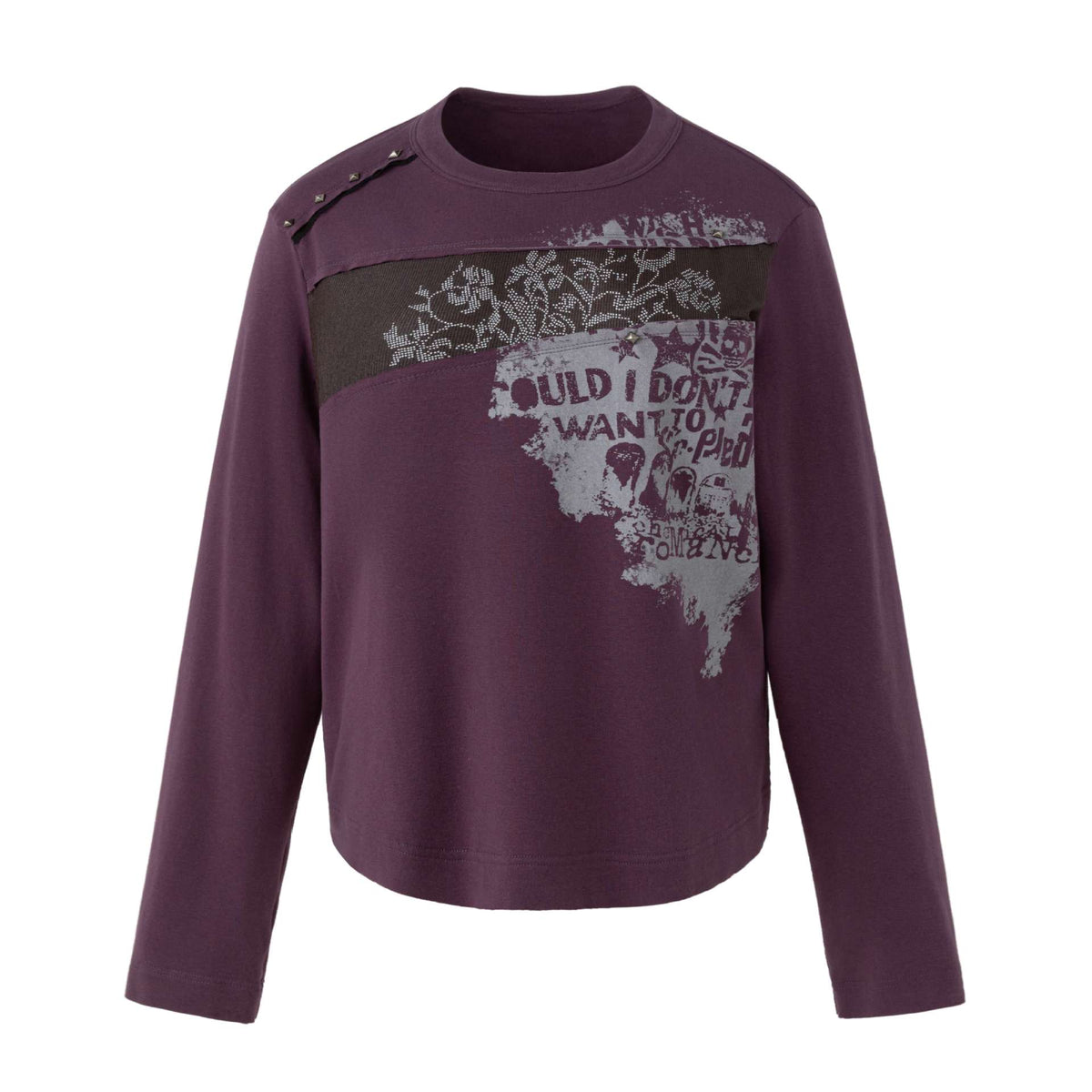 Women's Casual Sweatshirt with Studded Trim, Print Insert and Round Neck