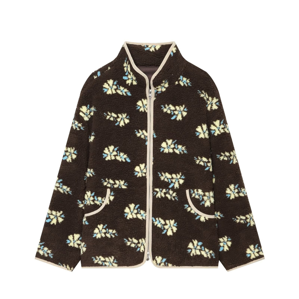 Women's teddy fleece jacket with floral allover pattern, stand-up collar and zipper EVA-US
