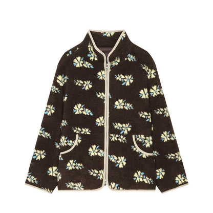 Women's teddy fleece jacket with floral allover pattern, stand-up collar and zipper EVA-US