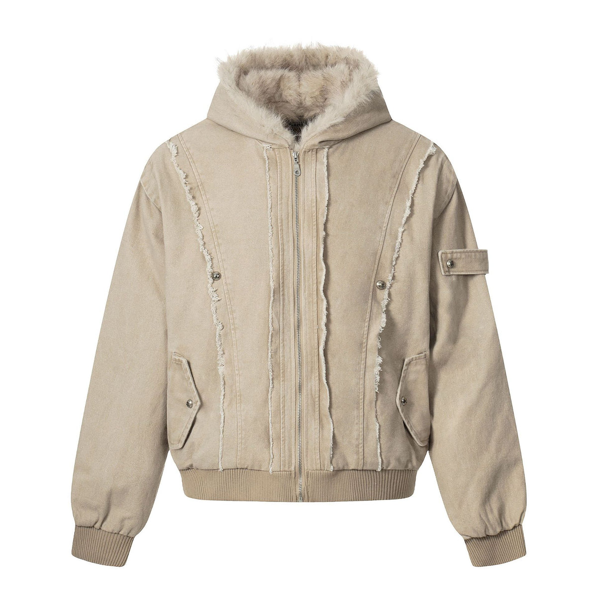 Men's Vintage-Inspired Denim Bomber Jacket with Teddy Fur Hood EVA-US