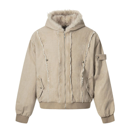 Men's Vintage-Inspired Denim Bomber Jacket with Teddy Fur Hood EVA-US