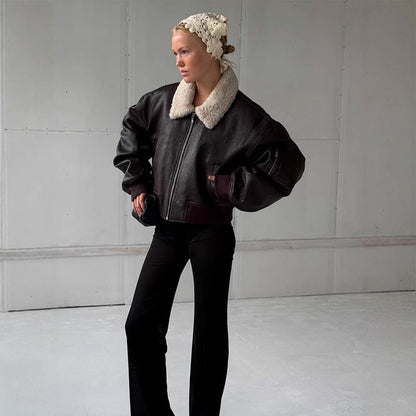 Women's oversized aviator jacket in biker-bomber style with teddy collar EVA-US