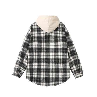 Unisex Oversized Check Shirt Jacket with Hood, Snap Buttons and Chest Pocket EVA-US