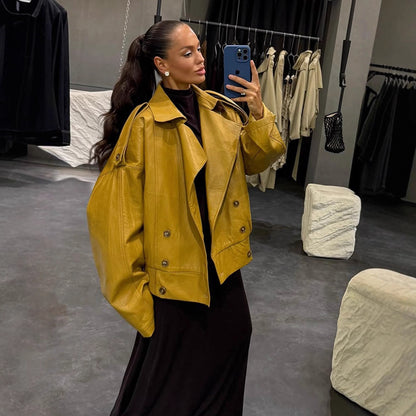 Women Oversize Leather Jacket with voluminous balloon sleeves and short boxy silhouette EVA-US