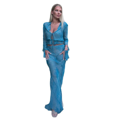 Women's Transparent Mesh Cropped Blouse with Tie and Tube Maxi Skirt EVA-US