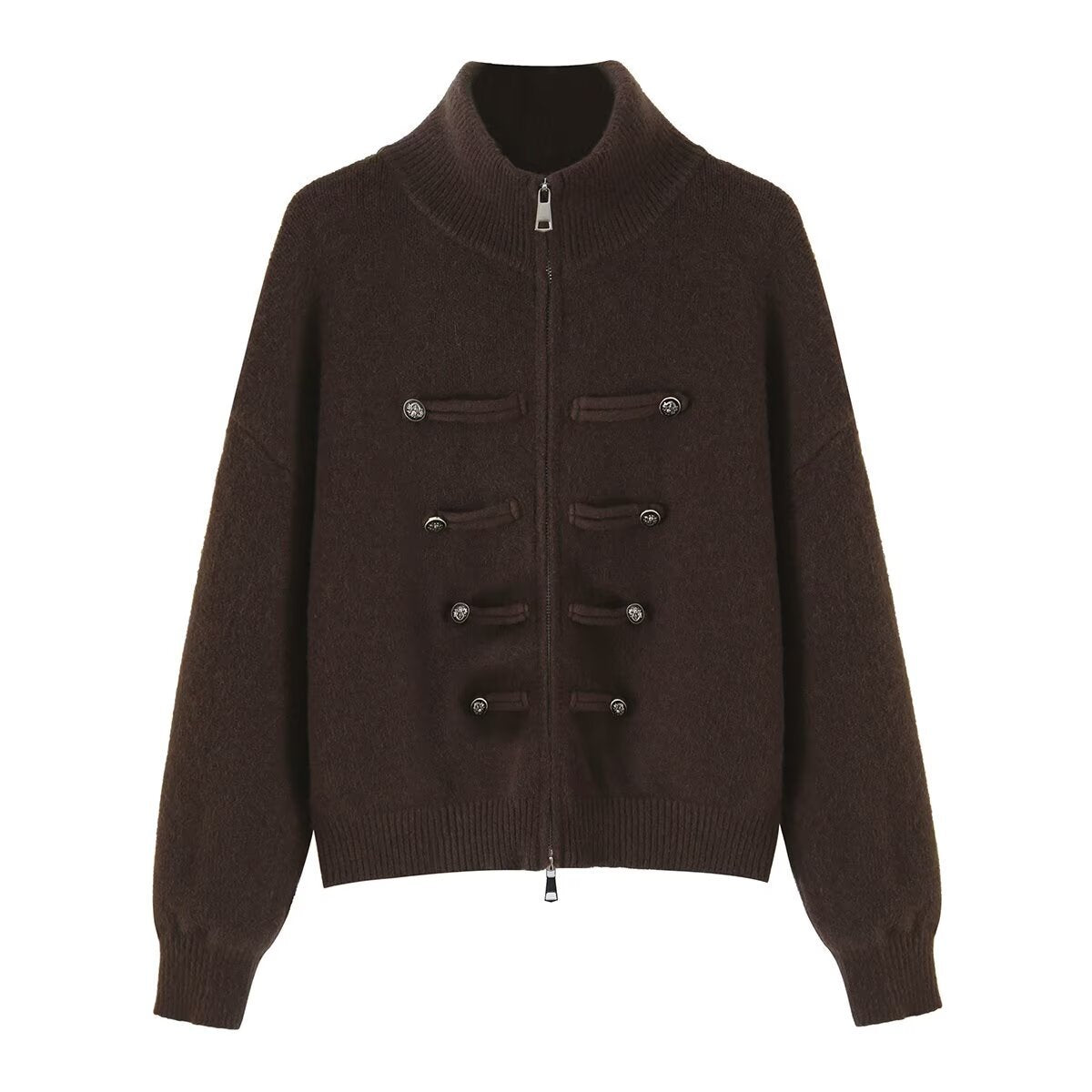 Ladies cardigan with stand-up collar, zipper and decorative knot trims EVA-US