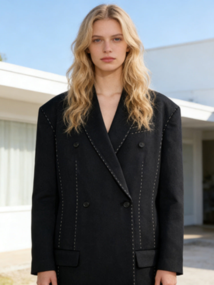 Women's Double-Breasted Oversized Blazer Coat with Distinctive Shoulder Area & Decorative Stitching EVA-US