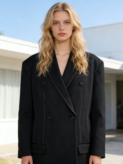 Women's Double-Breasted Oversized Blazer Coat with Distinctive Shoulder Area & Decorative Stitching EVA-US