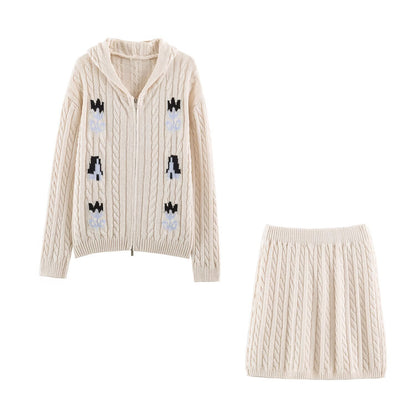 Women's Two-Piece Knit Set with Zipper Hoodie and Short Cable Knit Skirt EVA-US
